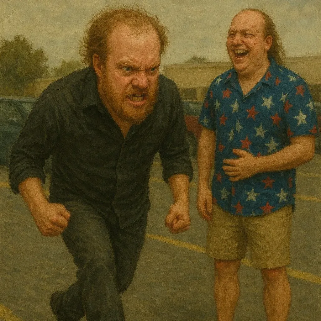 angry balding generic white man parking lot mullet laughing