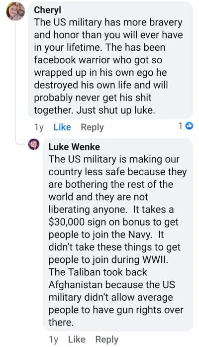 Luke Wenke anti-veteran Facebook post