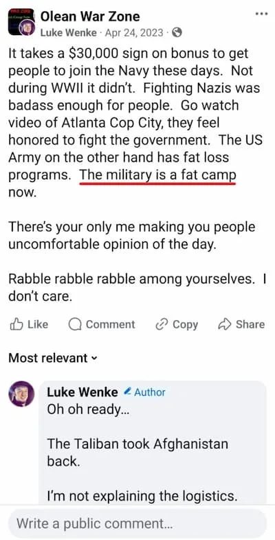 Luke Wenke anti-veteran Facebook post
