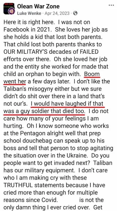 Luke Wenke anti-veteran Facebook post