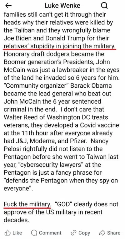 Luke Wenke anti-veteran Facebook post