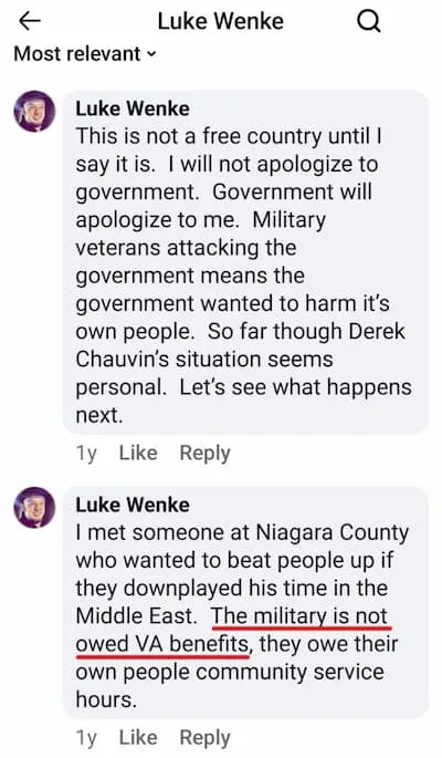Luke Wenke anti-veteran Facebook post