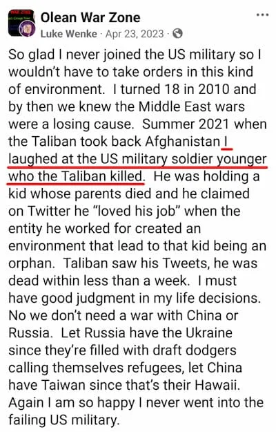 Luke Wenke anti-veteran Facebook post