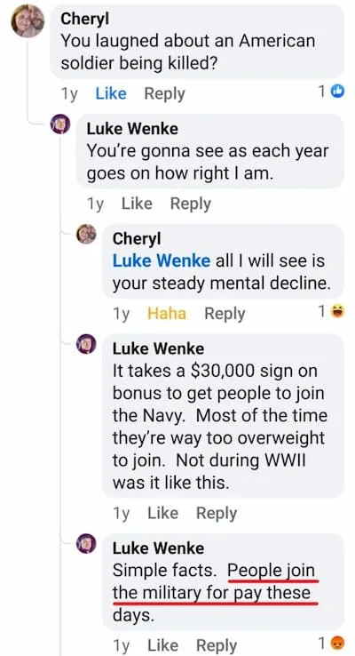 Luke Wenke anti-veteran Facebook post