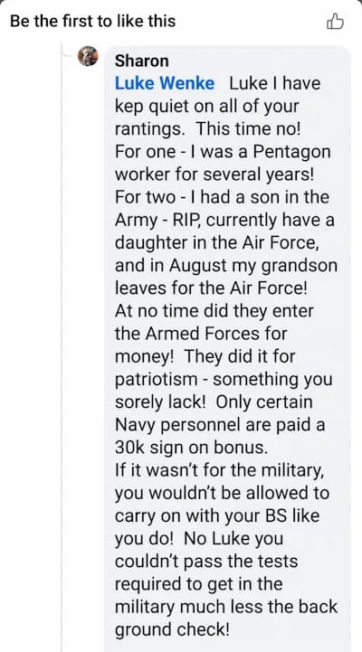 Luke Wenke anti-veteran Facebook post