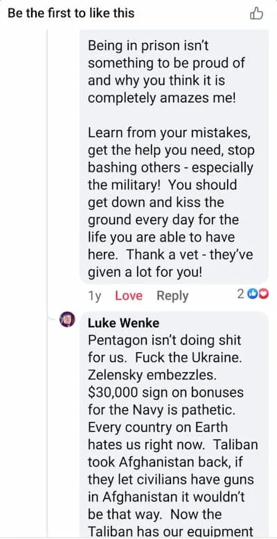 Luke Wenke anti-veteran Facebook post