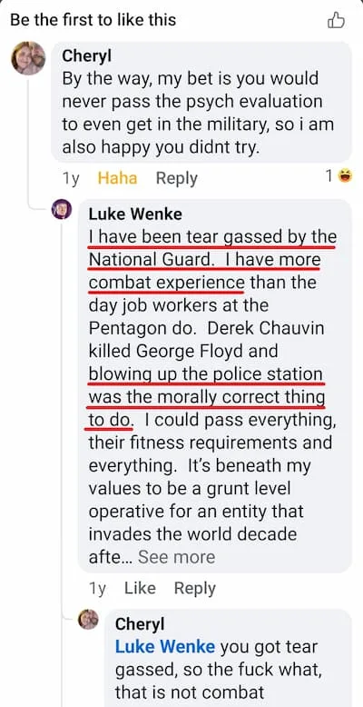 Luke Wenke anti-veteran Facebook post 