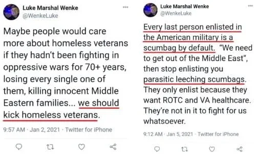 Luke Wenke anti-veteran Tweets screenshots