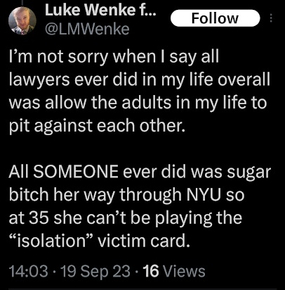 luke wenke blames lawyers for his life problems and says he's not sorry x/twitter screenshot september 2023