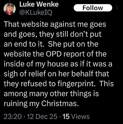 luke wenke falsely accuses stalking victim katie of having a guilty conscience x/twitter screenshot december 2025