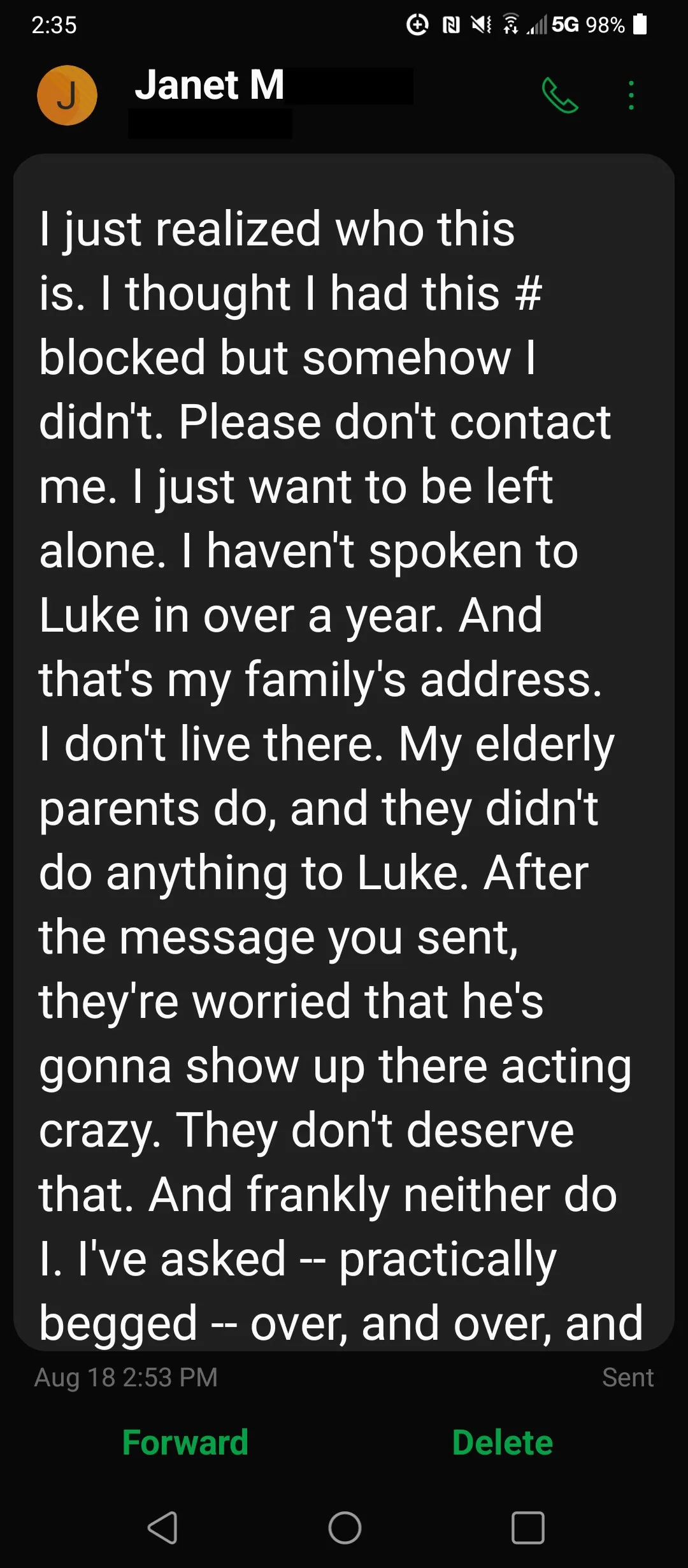 Janet McCaul Luke Wenke harassing text message