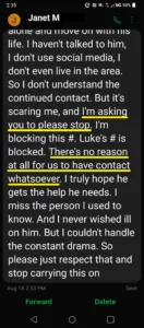 Janet McCaul Luke Wenke harassing text message
