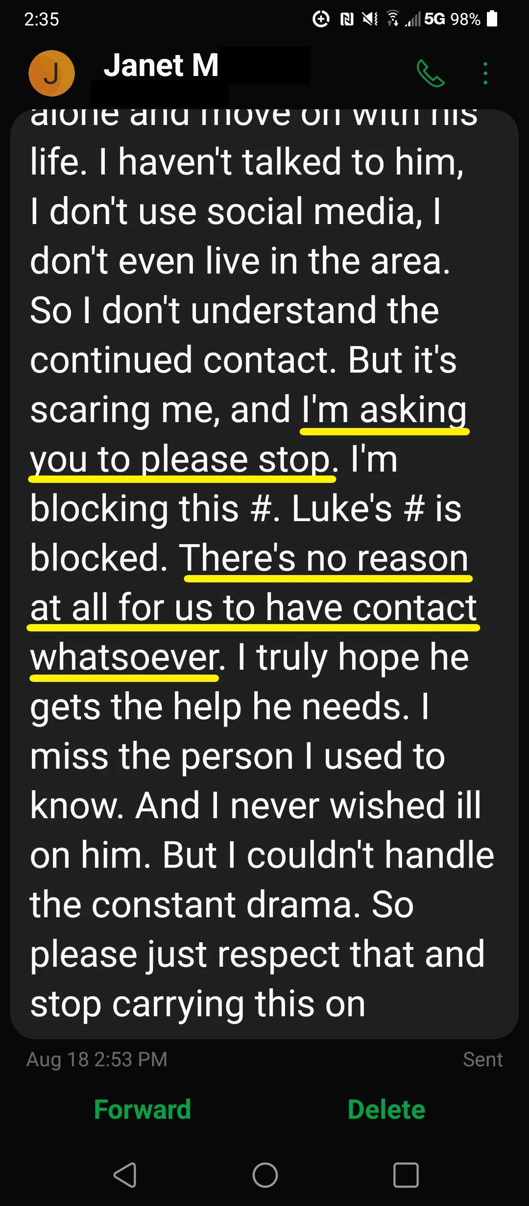 Janet McCaul Luke Wenke harassing text message