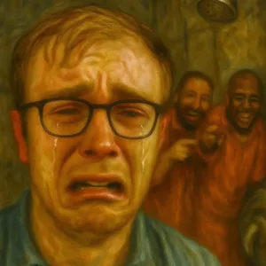 generic crying white man glasses shower inmates laughing