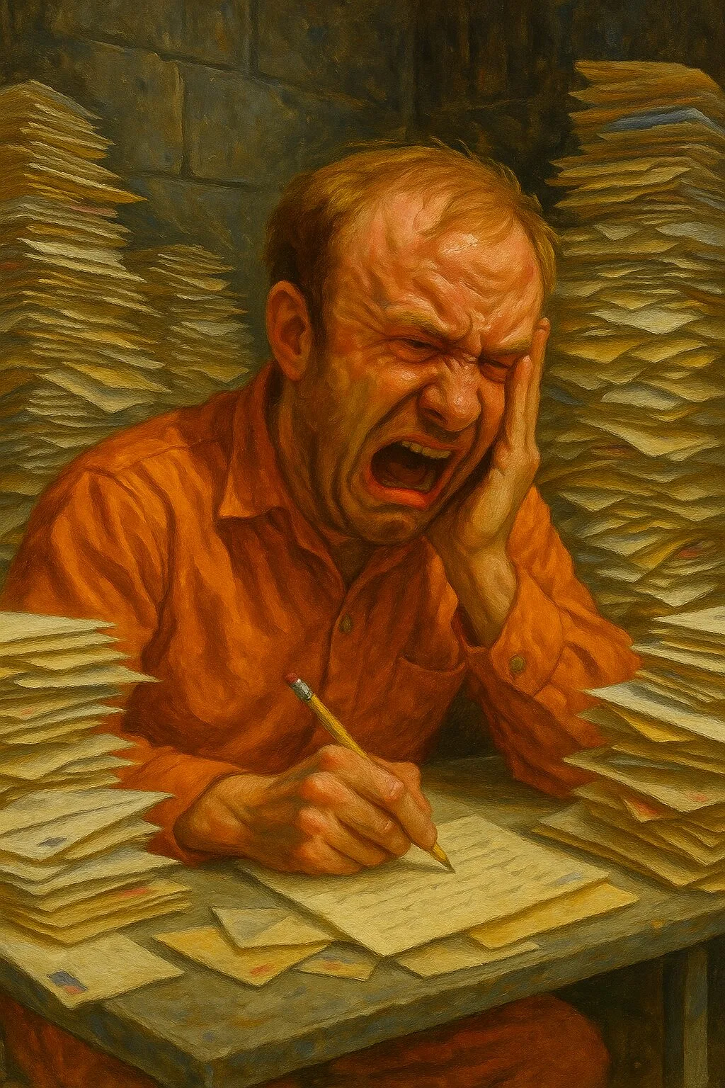 inmate orange jumpsuit writing letters white man crying