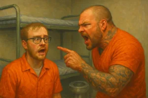 terrified prisoner tough prisoner yelling cell metal bunk bed jail