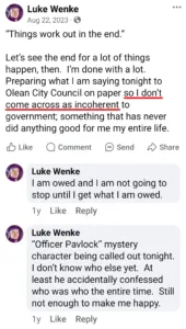 Luke Wenke Facebook screenshot asshole piece of shit