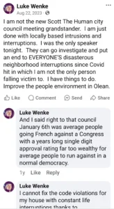 Luke Wenke Facebook screenshot asshole piece of shit