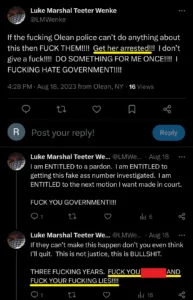 Luke Wenke screenshot arrest threat stalker