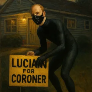balding white man black latex gimp suit coroner sign black mask