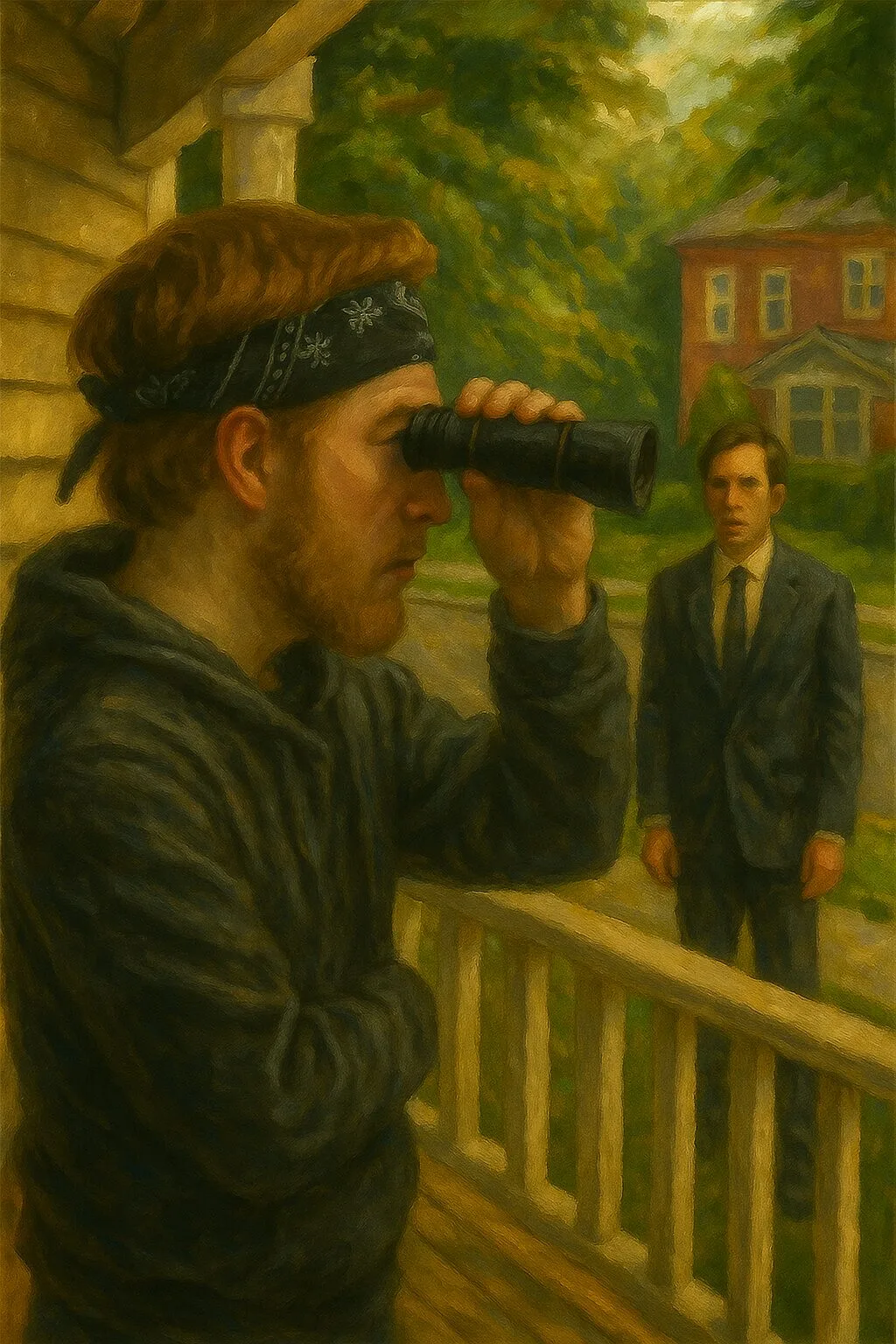young white man staring binoculars porch middle-aged man in suit spying