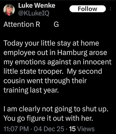 screenshot of a december 2025 luke wenke x/twitter post taunting minnesota cyberstalking victim