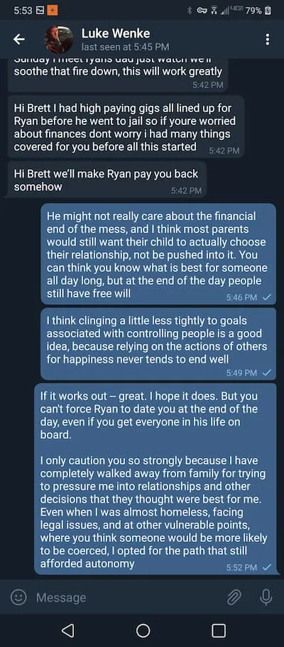 Telegram conversation with Luke Wenke 2020