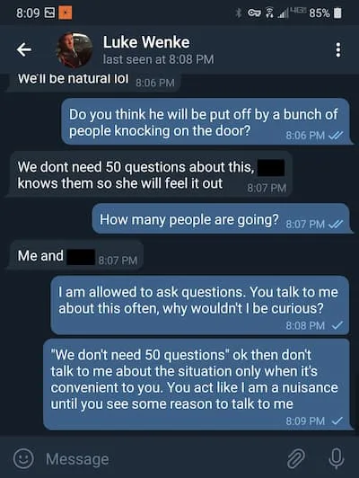 Telegram conversation with Luke Wenke 2020
