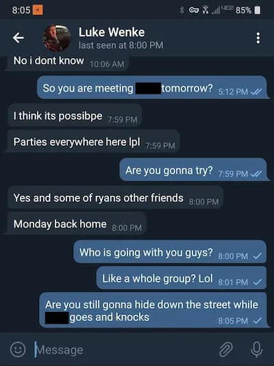 Telegram conversation with Luke Wenke 2020