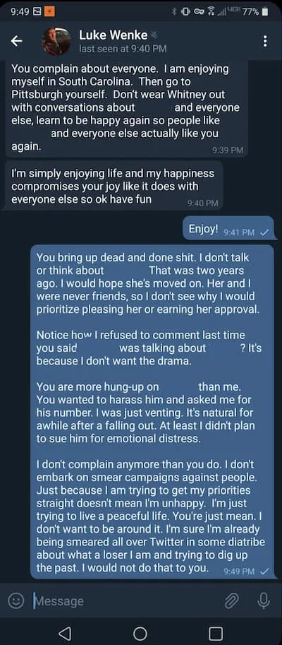Telegram conversation with Luke Wenke