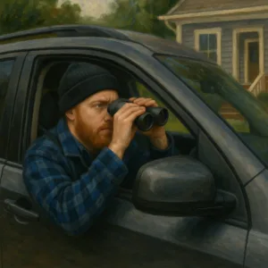 bearded man blue flannel black hat binoculars SUV