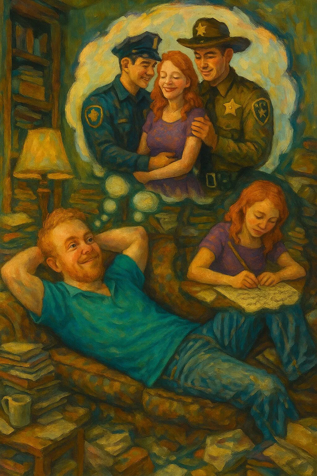 generic Caucasian man daydreaming redhead sofa hoarded house police