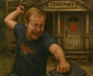 ANGRY WHITE MAN SMASHING LAPTOP DECREPIT CONDEMNED HOUSE