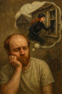 balding man with red hair and a beard thinking about a redhead breaking into his house