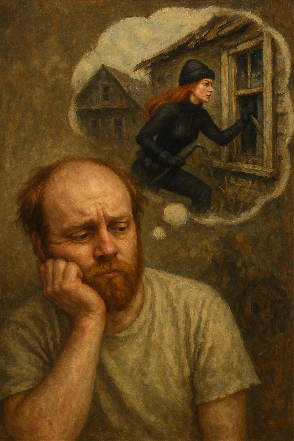balding man with red hair and a beard thinking about a redhead breaking into his house