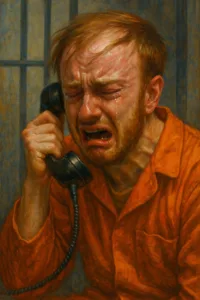 prisoner jailhouse phone call orange jumpsuit crying