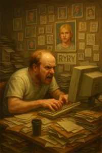 angry balding white man typing computer hoarder stalker shrine