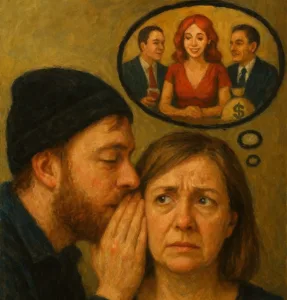 man whispering to woman