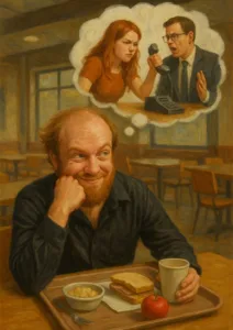 balding generic white man daydreaming redhead lawyer cafeteria tray