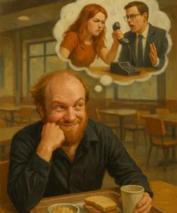 balding generic white man daydreaming redhead lawyer cafeteria tray