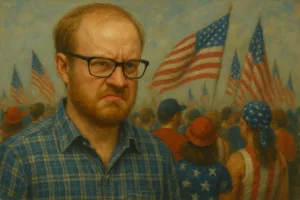 angry balding white man glasses patriotic parade