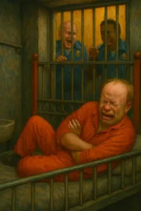 angry upset inmate balding white man orange jumpsuit laughing guards corrections officers