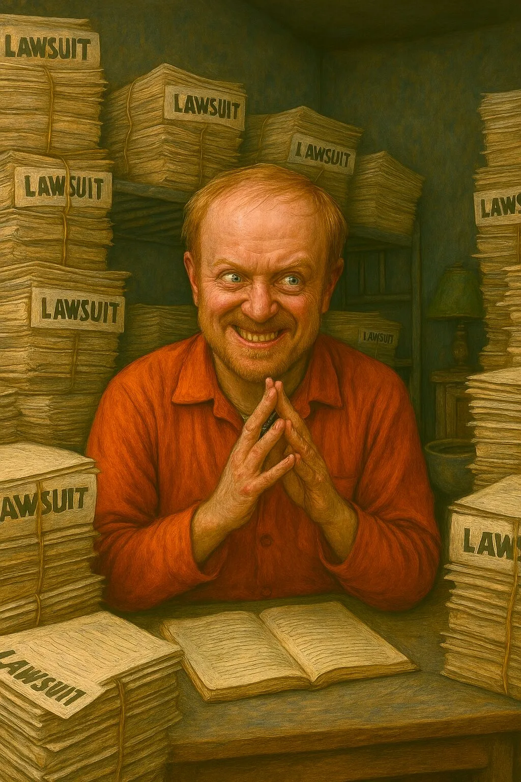 angry generic balding white man surrounded by lawsuit documents