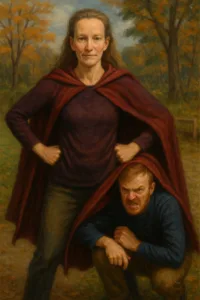 generic white man hiding beneath cape mother middle aged