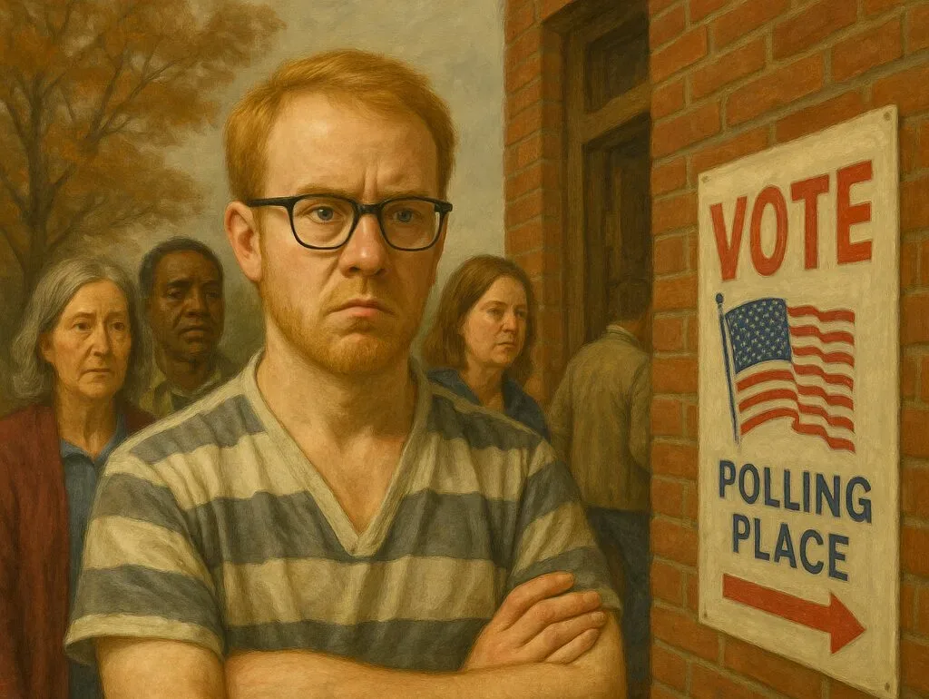 prisoner standing in line to vote striped uniform