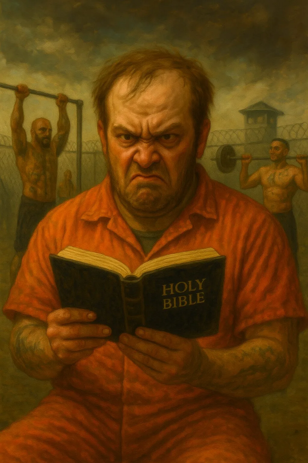inmate reading bible orange jumpsuit prison jail outdoors