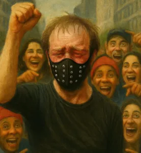 angry man black mask black shirt laughing crowd surrounded