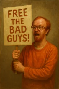 inmate orange shirt glasses balding male sign free the bad guys