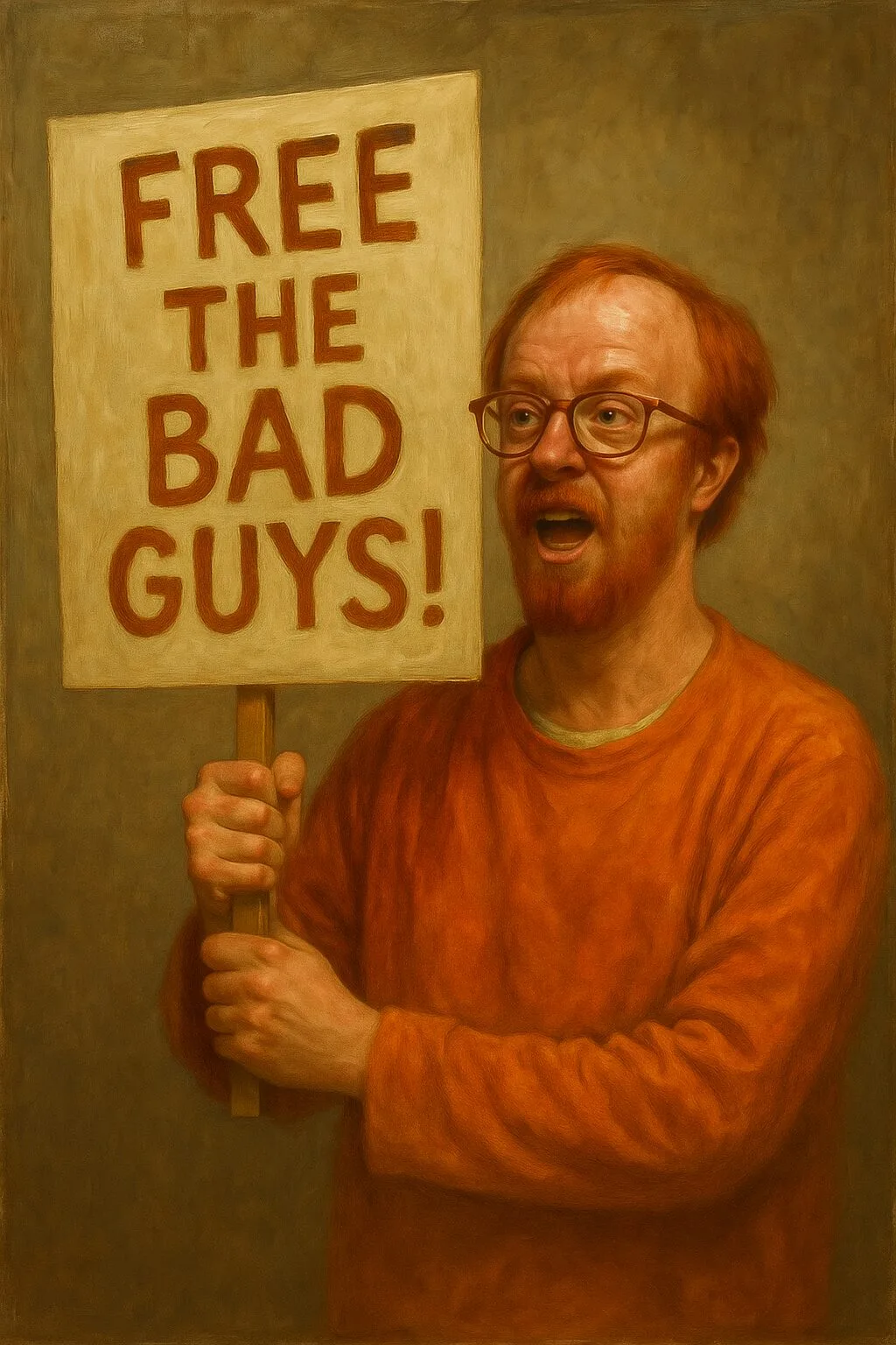 inmate orange shirt glasses balding male sign free the bad guys
