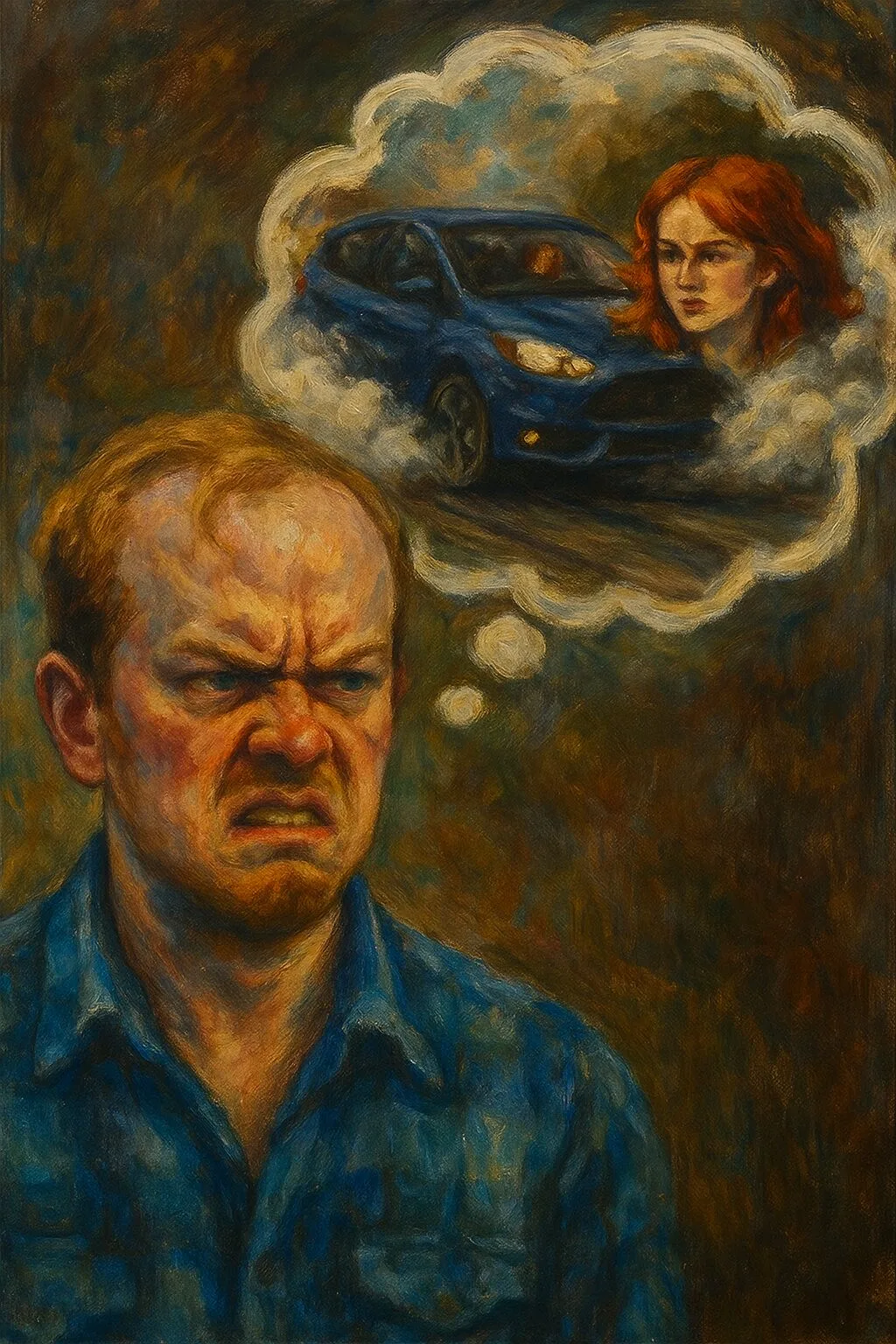 angry balding redhaired man daydreaming about a woman stealing his car